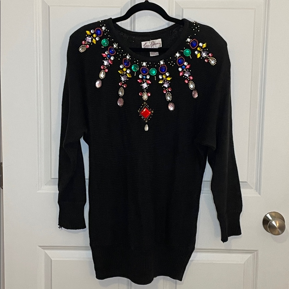 1980s Eddie Dassin Black Gem Glam Vintage Sweater Holiday